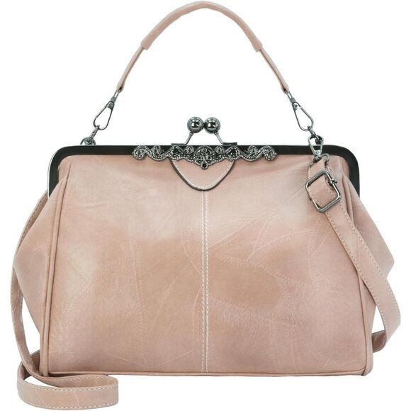 Women's Beige PinkVegan Leather Kiss Lock Satchel Evening Crossbody Clutch